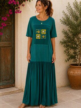 Johnny Was Vintage Fish Embroidered Maxi Dress Green M Boho Art To Wear Coastal